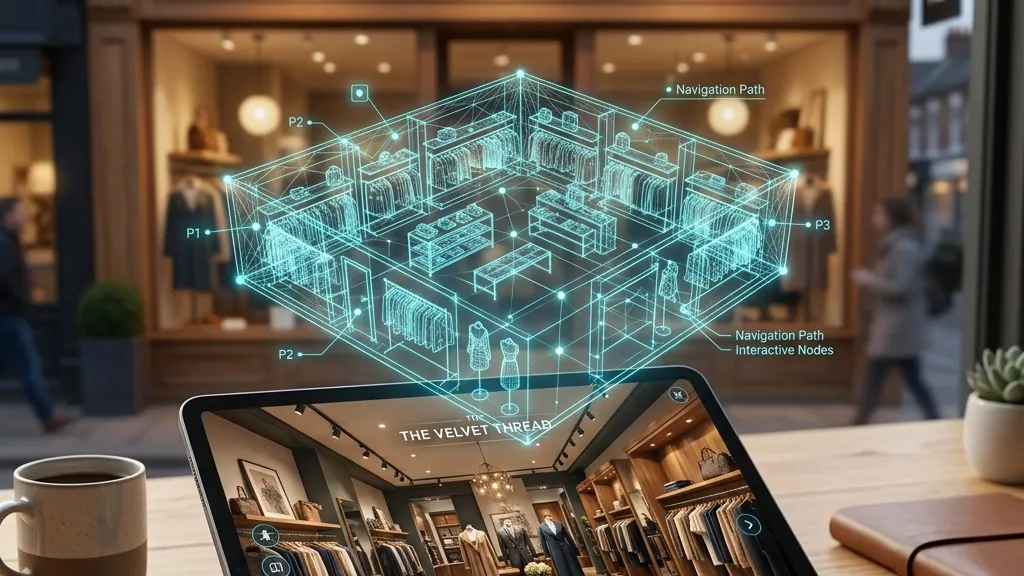 A tablet on a café table showing an interactive 3D virtual tour of a boutique shop, with a holographic 3D floor plan and navigation nodes displayed above it